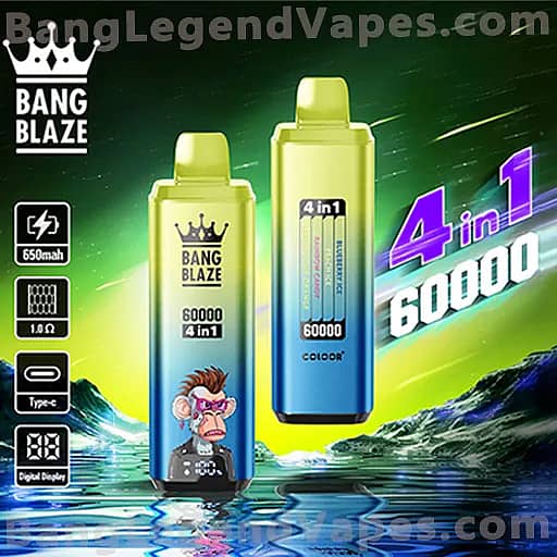 Two Bang Blaze 4-in-1 vape devices with lime-yellow tops and blue bases, one featuring a monkey graphic, set against a neon green ocean background with a bold 4-in-1 60000 graphic and Bang Blaze branding.