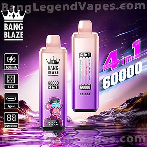 Two purple gradient Bang Blaze 4-in-1 vape devices stand upright on a reflective purple surface, featuring crown logos and the '60000' and '4 in 1' markings, set against a neon purple cosmic background.