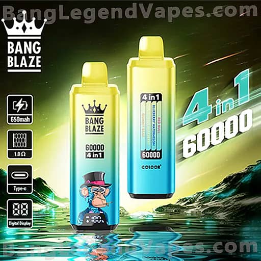 Two Bang Blaze 4-in-1 vape bottles in a yellow-to-blue gradient, the left bottle featuring a cartoon monkey, displayed on a reflective surface against a neon green landscape with the text '4 in 1 60000'.