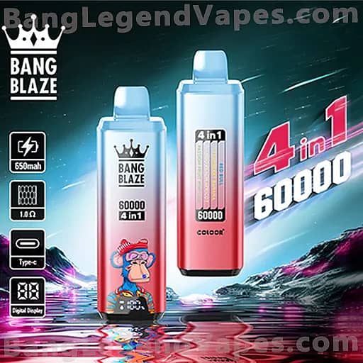 Two tall Bang Blaze vape bottle packages with gradient blue to pink colors, the left bottle featuring a cartoon character, set against a neon, space-like background with "4 in 1" and "60000" prominently displayed.