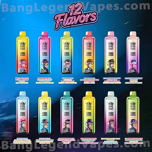 Two rows of twelve Bang Blaze vape juice bottles in a rainbow of colors against a blue gradient background, with a prominent '12 Flavors' header above and cartoon characters on each bottle.