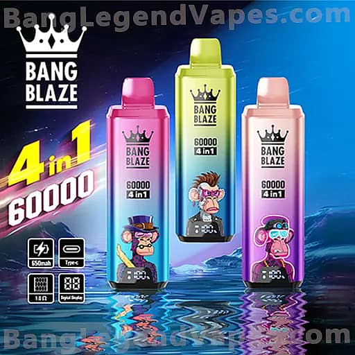 Three Bang Blaze 4-in-1 vape juice bottles in pink, yellow, and peach with cartoon monkey characters on the labels, set against a blue ocean background.