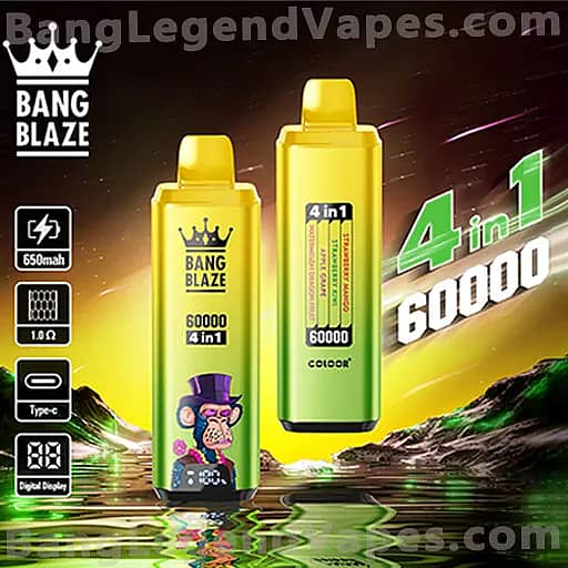 Two Bang Blaze 4-in-1 disposable vape devices in yellow and green glow against a neon landscape with reflections; the yellow device features a crown logo and cartoon monkey, while the green one shows a bold '4 in 1' label, with left-side icons indicating 650mAh, 1.0Ω, Type-C, and a digital display.