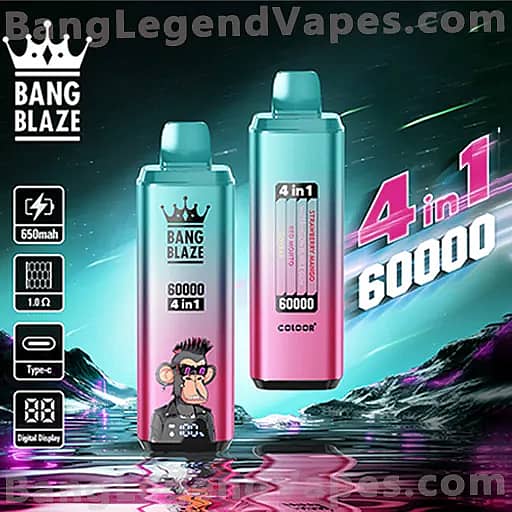 Two Bang Blaze 4‑in‑1 vape devices in a turquoise‑to‑pink gradient with the Bang Blaze crown logo; the left device features a cartoon monkey, the right shows '4 in 1 60000', set against a neon teal and pink background, with icons on the left indicating 650 mAh, 1.0 Ω, Type‑C and a digital display.