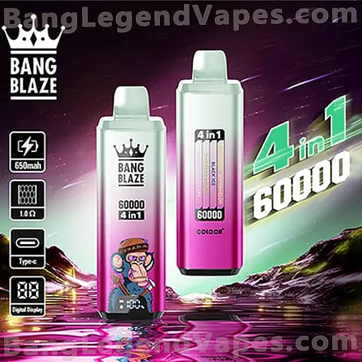 Two gradient pink Bang Blaze vape pods with a crown logo (one featuring a cartoon character) stand against a neon landscape with bold '4 in 1' and '60000' branding, while side icons indicate 650mAh, 1.0Ω, Type-C and a digital display.