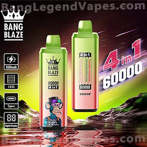 Two Bang Blaze vape pod devices—one short green and one taller green-to-pink gradient—sit on a neon, space-themed background with a water reflection, featuring '4 in 1' and '60000' branding.