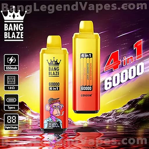 Two yellow Bang Blaze 4-in-1 vape bottles with crown logos and a cartoon character on the label, set against a vibrant purple and yellow landscape background.