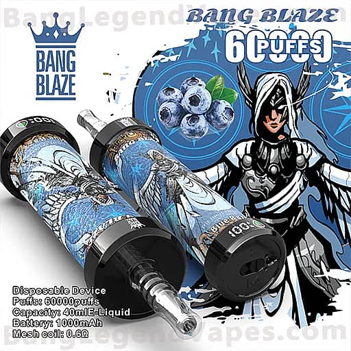 Three blue Bang Blaze disposable vape pens with blueberry artwork and bold branding sit in front of a blue graphic background featuring a masked armored figure, with text noting 60,000 puffs.