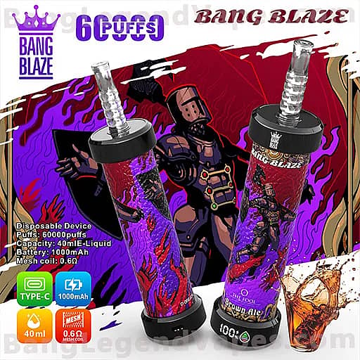 Two purple Bang Blaze disposable vape devices with dragon artwork and black mouthpieces stand upright in front of a bold, colorful comic-style background, featuring Bang Blaze branding and icons for Type-C charging, 1000mAh, 40ml capacity, and up to 6000 puffs.
