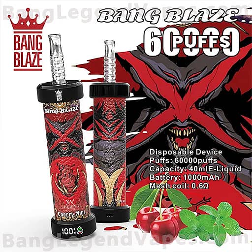 Two Bang Blaze disposable vape pens with red and black dragon artwork and Cherry Mint flavor, set against a bold red demon background with mint leaves and cherries in the foreground, and product specs noting 40 ml e-liquid, 1000 mAh battery, mesh coil 0.6 Ω, and up to 60,000 puffs.