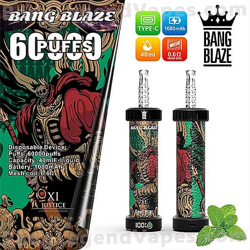 Two Bang Blaze disposable vape devices with dragon-themed artwork and black bases, shown upright beside mint leaves; packaging indicates 40 ml e-liquid capacity, 1000 mAh battery, mesh coil 0.6 Ω, Type-C charging, flavor Cool Mint, and up to 60,000 puffs.