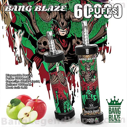 Two Bang Blaze disposable vape devices with green, black, and red illustrated artwork stand upright against a chaotic demon-themed background; the Bang Blaze branding is visible on the devices, and a small image of green and red apples appears in the lower-left corner.