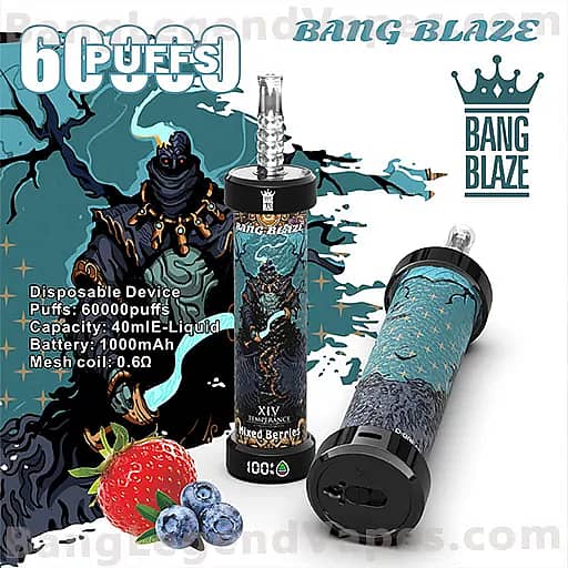 A Bang Blaze disposable vape with teal dragon artwork sits beside a matching bottle, surrounded by strawberries and blueberries; packaging text highlights the features: 60,000 puffs, 40 mL liquid capacity, 1000 mAh battery, and 0.6 Ω mesh coil.