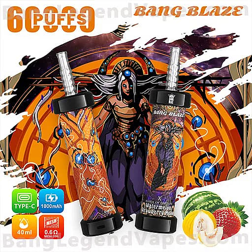 Two orange-and-black vape devices with fantasy artwork and black mouthpieces stand in front of a bold orange circular background, branded BANG BLAZE with a warrior queen design, alongside fruit imagery of lemon, strawberry, and watermelon and icons indicating Type-C charging, 1000 mAh, 40 ml, and 0.6 Ω.