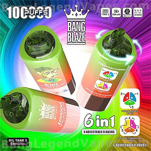 Three bright green disposable vape devices with transparent tops showing liquid sit on a colorful rainbow swirl background, featuring Bang Blaze branding and the 6in1 adjustable flavors with flavor icons.