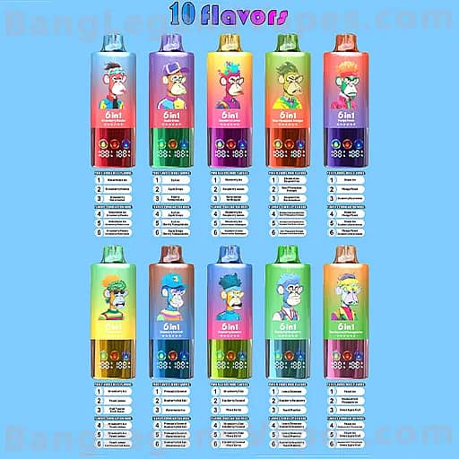 Ten colorful bottles featuring cartoon characters are arranged in two rows on a blue background, each bottle labeled 6in1 with a different color, under a heading that reads 10 flavors.