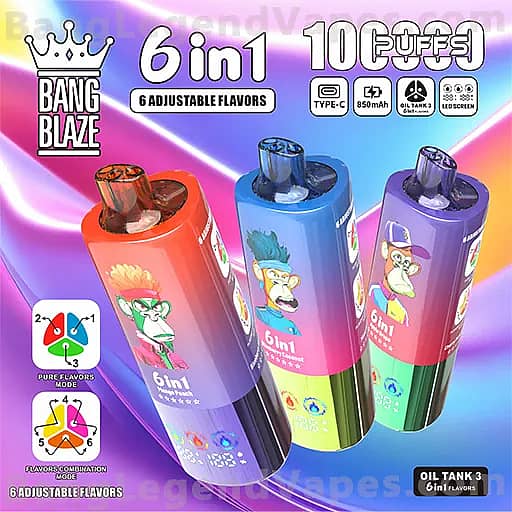 Bang Blaze 6in1 disposable vape packaging with three color-coded pods in red, blue, and purple on a purple-pink gradient background, highlighting 6 adjustable flavors, 100 puffs, USB Type-C charging, 850 mAh battery, oil tank 6in1 flavors, and an LED screen.