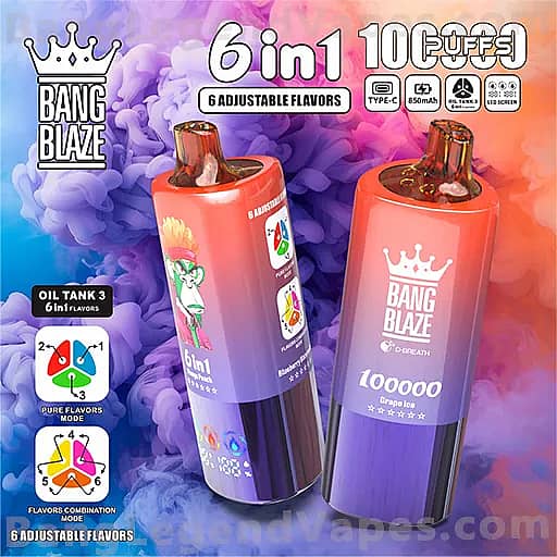 Two Bang Blaze 6-in-1 adjustable-flavor vape devices with purple-to-pink gradient finishes sit against a colorful smoky background; packaging highlights 10000 puffs, Type-C charging, and six flavor modes.