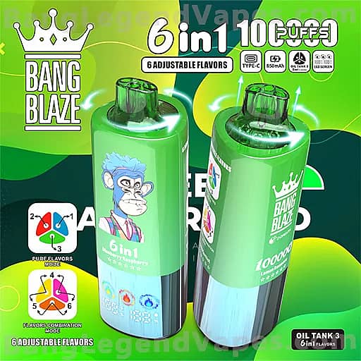 Two green Bang Blaze disposable vape devices with a cartoon monkey on the label, set against bright lime packaging displaying 6 in 1 adjustable flavors.