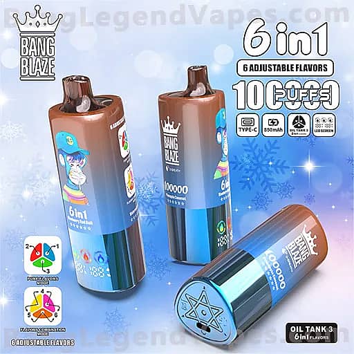 Three Bang Blaze 6-in-1 vape oil tanks with brown bodies and blue labels on a light blue frosty background; two are upright and one is lying on its side showing a geometric emblem on the bottom, with visible text indicating 6-in-1 flavors and 10 puffs.