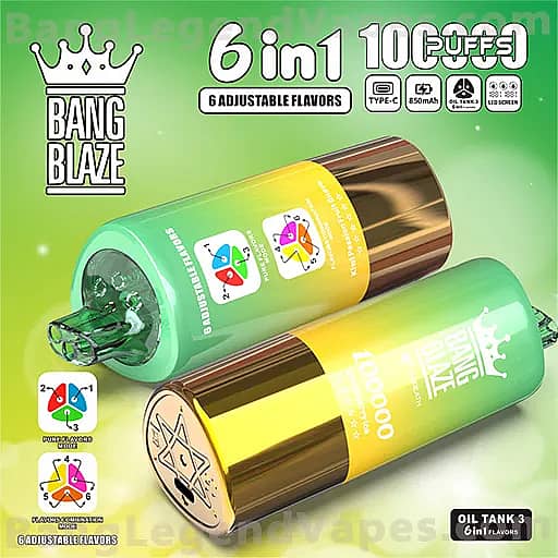 Bang Blaze 6-in-1 vape packaging in green and yellow, featuring two cylindrical pods and a crown logo on a green gradient background.