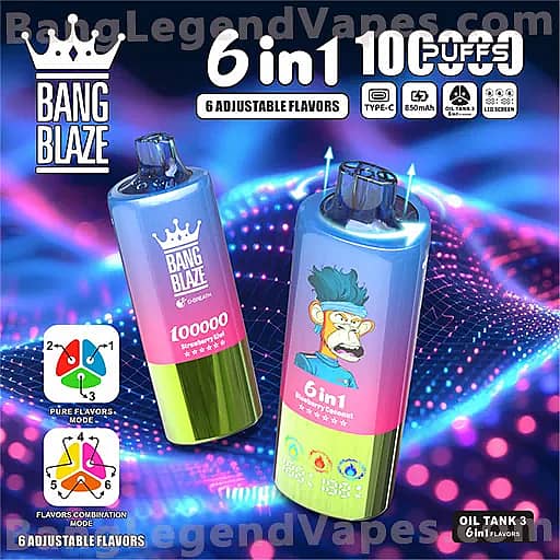 Two Bang Blaze disposable vape devices float against a neon blue and pink background; the left device has a blue-to-pink gradient with a crown logo, while the right device features a cartoon character on its label, and the banner above reads 6in1 1000 PUFFS and 6 ADJUSTABLE FLAVORS.