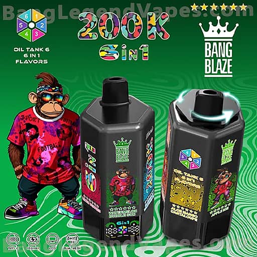 Two black vape oil bottles with bright, multi-colored labels showing a cartoon monkey in a red shirt, Bang Blaze branding, on a green patterned background; labels advertise 6-in-1 flavors.