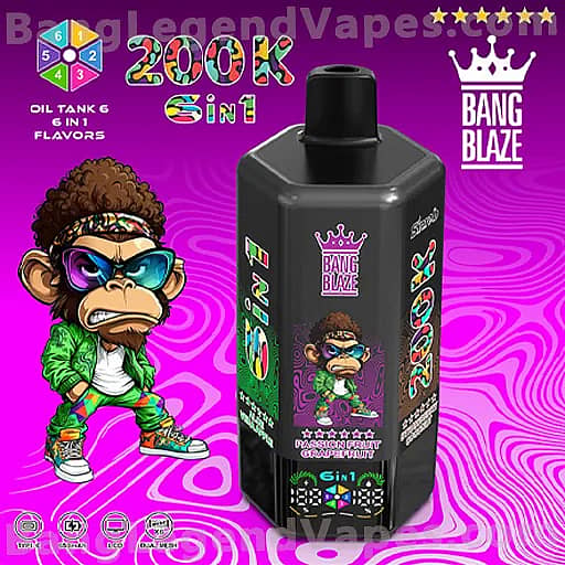 Purple background with a wavy pattern features a cartoon monkey in a green suit and sunglasses beside a black Bang Blaze vape bottle labeled 200K SINE, with a small monkey graphic on the bottle and the text 'Oil Tank & 6 in 1 Flavors' in the design.