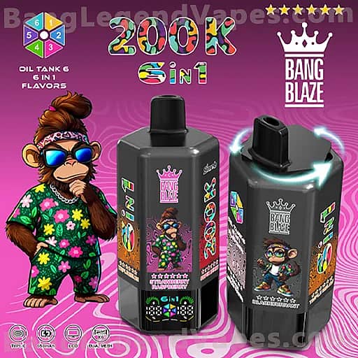 Two black vape bottles with colorful labels featuring a cartoon monkey in a bright floral suit on a pink swirled background, with Bang Blaze branding and a bold '200K 6IN1' graphic above.