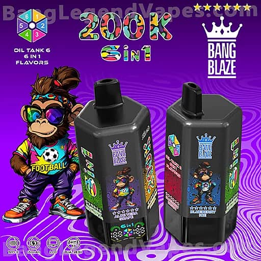 Two black Bang Blaze oil tank bottles with colorful labels sit on a purple wavy background beside a cartoon monkey mascot in football gear; bold graphics read '200K 5 in 1' and 'Oil Tank 6 in 1 Flavors' with dice icons.