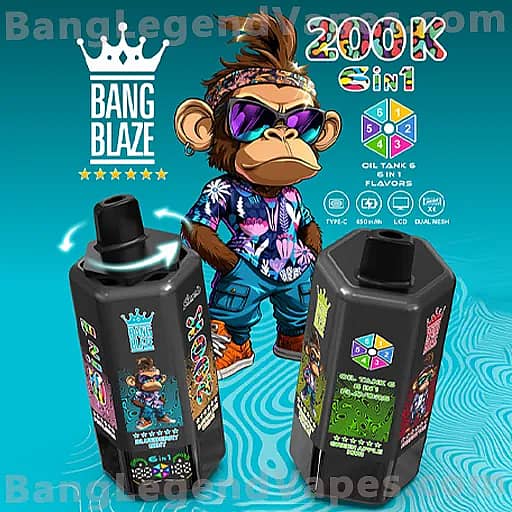 Bright promo image featuring a cartoon monkey wearing sunglasses and a tropical shirt, standing between two black vape bottles with colorful labels, against a turquoise background with the BANG BLAZE logo.