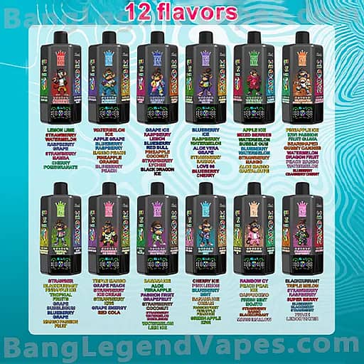 Display of twelve Bang Legend Vapes e-liquid bottles with colorful cartoon labels, arranged in two rows of six on a turquoise, wavy background.
