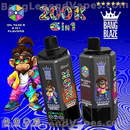 Two black Bang Blaze vape pods with colorful labels featuring a cartoon monkey in rainbow clothing, the Bang Blaze crown logo, and text reading '2001' and '6 in 1 flavors' on a blue wavy background.
