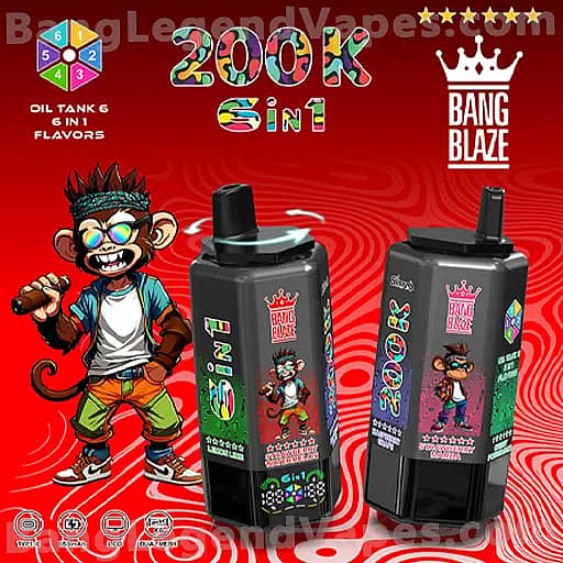 Bright red advertisement featuring a cartoon monkey in colorful clothes beside two black Bang Blaze vape devices, with a multicolored '200K 5in1' header above and the crown Bang Blaze logo at right, and the caption 'Oil Tank & 6in1 Flavors' in the top-left corner.