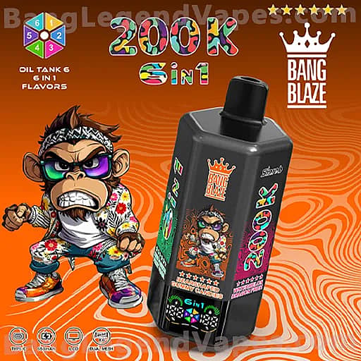 Black vape pod device with colorful labels sits beside a cartoon angry monkey wearing sunglasses on an orange swirl background, featuring the '2000K SIN' and 'BANG BLAZE' branding.