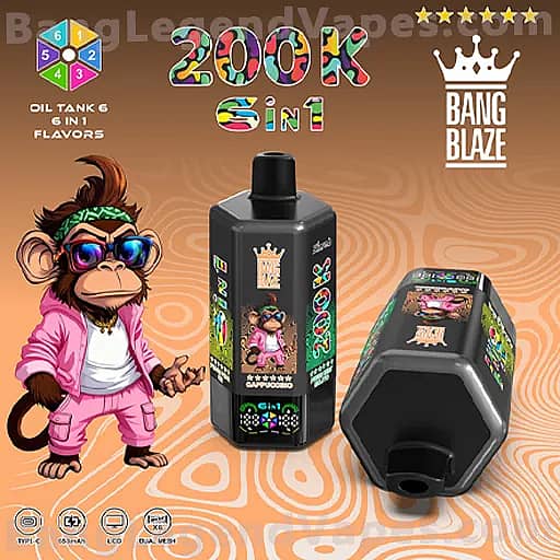 Bright orange background with swirl patterns shows a cartoon monkey wearing pink clothes and sunglasses beside a black oil tank bottle and a matching pod, both featuring colorful monkey artwork and the Bang Blaze crown logo, promoting Oil Tank 6-in-1 flavors.
