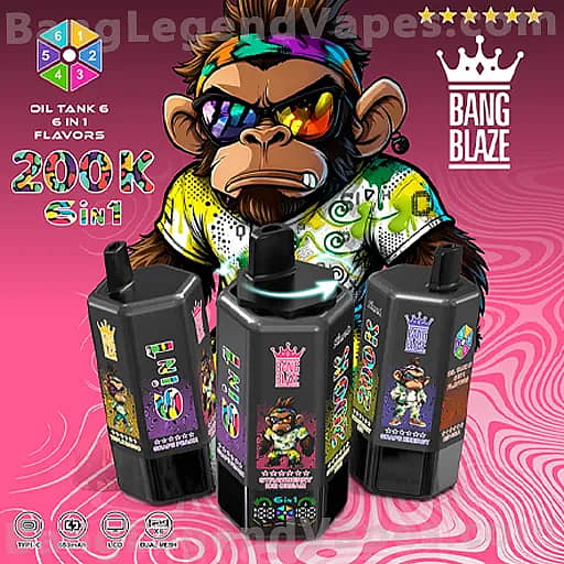 Cartoon monkey wearing a multicolored headband and sunglasses stands beside three black vape devices with bright labels on a pink, swirly background, featuring Bang Blaze branding and text reading 'Oil Tank 6in1 Flavors' and '200K 6in1'.