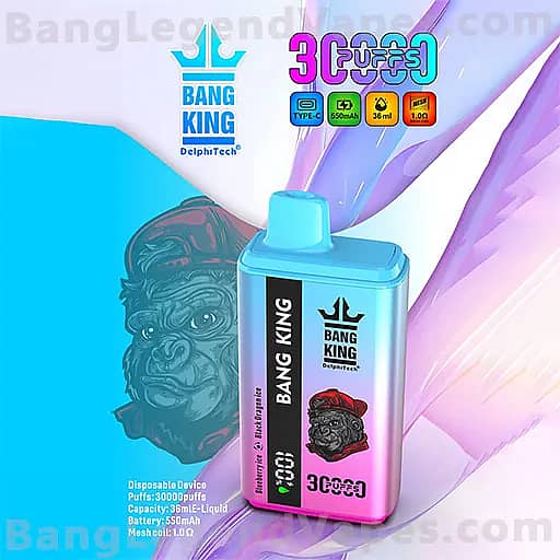 Turquoise disposable vaping device with a blue mouthpiece, labeled 'BANG KING' and featuring a gorilla illustration on the front, set against a blue‑to‑pink gradient background with the Bang King logo.