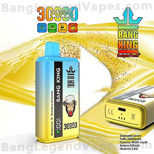 Blue and yellow Bang King vape juice bottle with a pirate logo and the words BANG KING, shown next to a yellow disposable vape device on a gold swirling background.