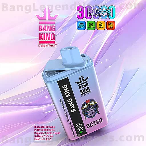 A Bang King disposable vape device with a light blue body and a pink-black label sits upright against a pink and purple abstract background, featuring a cartoon character on the label and a 3000 Puffs badge in the corner.