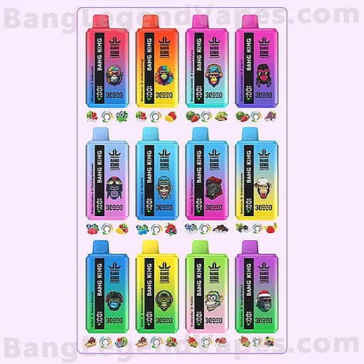 A grid of colorful Bang King markers arranged in four rows of five on a pale pink background; each marker is rectangular with a colored body, a matching cap, and a black vertical 'BANG KING' label, showing colors such as blue, pink, orange, purple, yellow, and green.