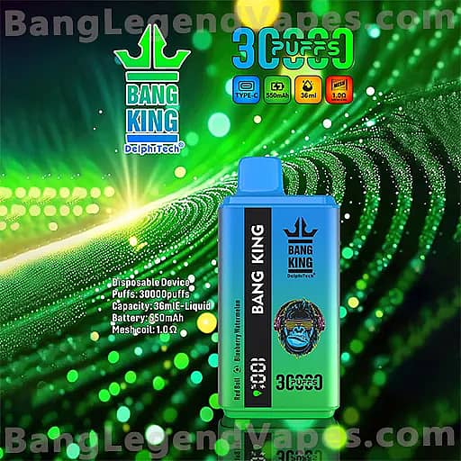 Blue disposable vape device with Bang King branding and a graphic of a masked figure, set against a neon green and black abstract background; product specs visible include 30,000 puffs, 36 mL liquid capacity, 550 mAh battery, and 1.0 Ω mesh coil.