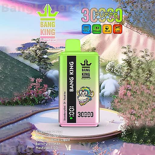 A bright green disposable vape device with a pink base sits on a white circular platform in a pastel outdoor landscape, featuring Bang King branding and a cartoon monkey logo on the front.