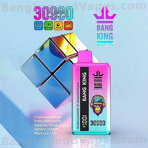 Promotional image of a pink Bang King disposable vape with a cartoon monkey logo, placed beside a rainbow-hued cube, with text indicating 3000 puffs, 36 ml e-liquid capacity, 550 mAh battery, and 1.0 Ω mesh coil.