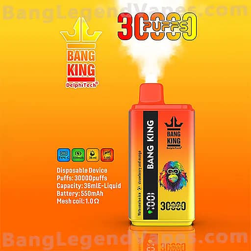 A red and yellow Bang King disposable vape device stands upright on an orange-yellow gradient background, featuring the Bang King logo and a lion emblem on the front, with a plume of vapor rising from the top and text noting 3000 puffs, 36 ml liquid capacity, and a 550 mAh battery.