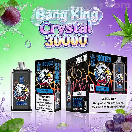 Promotional display for Bang King Crystal 30000 vaping products featuring a black disposable device and multiple packaging boxes with a blue eagle logo, bold Bang King Crystal 30000 branding, Aloe Grape flavor, and nicotine warning, set against a bright green to purple gradient with grape and aloe imagery.