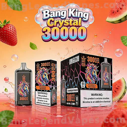 Bright orange promotional image for Bang King Crystal 30000 e-liquid, showing a bottle and two black boxes with a colorful dragon logo, surrounded by strawberries, watermelon slices, and mint leaves, with nicotine warning labels on the packaging.