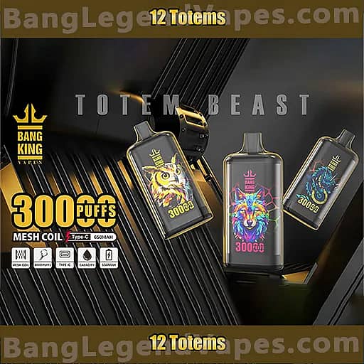 Promotional banner for Bang King Vapor’s Totem Beast line announcing 12 Totems, featuring three black vape devices with colorful animal artwork and '3000 puffs' labels on a dark metallic background.