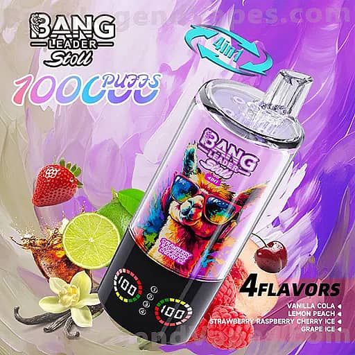 Colorful vape device with a clear glass tank and black base, featuring a vibrant llama graphic and Bang Leader branding on a purple background, surrounded by fruit imagery like strawberries and citrus, with text indicating four flavors: vanilla cola, lemon peach, strawberry raspberry, cherry lime, and grape ice.