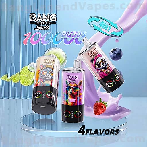 Bright promotional banner for Bang vape devices advertising 1000 puffs and four flavors, showing three vape pods with cartoon animal labels, surrounded by lime slices, a strawberry, a blueberry, and a purple liquid splash against a blue background.